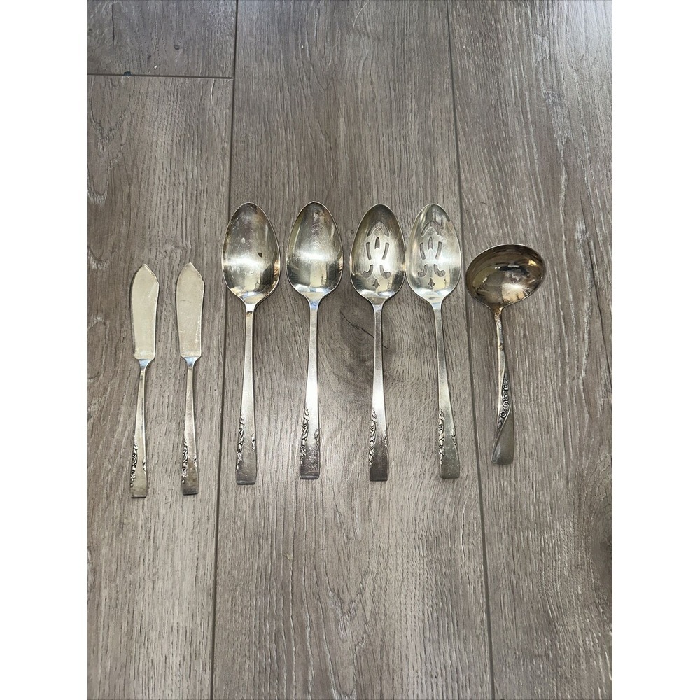 7‎ PCs 1881 Oneida Ltd Rogers Proposal Silverplate Serving Set Spoons Ladle